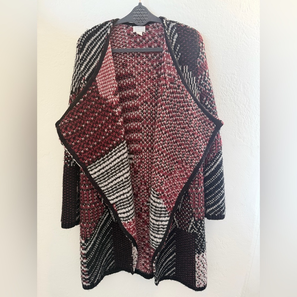 Caslon Wool Blend Patchwork Open Front Cardigan Sweater Medium Burgundy black - Picture 1 of 10